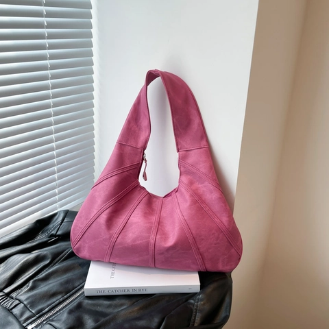 Women Large Capacity PU Leather Hobo Bag Geometric Stitching Crescent Shoulder Bag Vintage Wide Strap Daily Tote Bag
