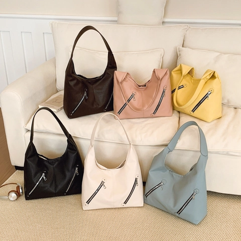 Women Large Capacity Hobo Bag PU Leather Litchi Grain Double Zippers Soft Casual Shoulder Tote Underarm Bag