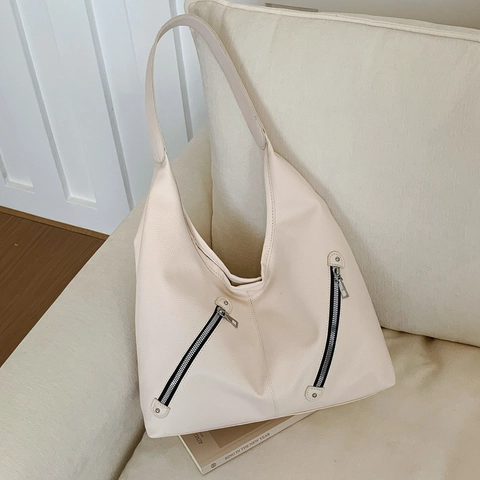 Women Large Capacity Hobo Bag PU Leather Litchi Grain Double Zippers Soft Casual Shoulder Tote Underarm Bag