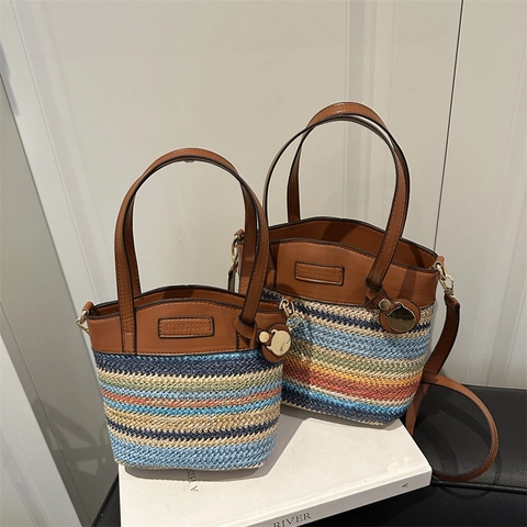 Regenbogen Stroh Gewebte Beuteltasche Damen PU Leder Patchwork Sommer Urlaub Schultertasche Umhängetasche Reißverschluss