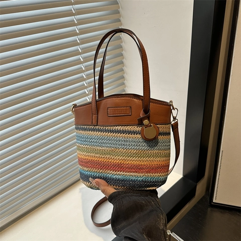 Retro Striped Woven Straw Handbag For Women Summer Bucket Bag Color Contrast Stitching Crossbody Phone Bag Bohemian Vacation Tote