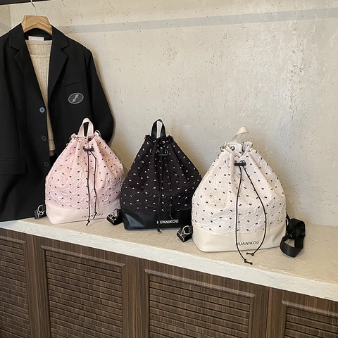 Fashion Backpack Women Drawstring Bucket Bag Large Capacity Bow Tie Print PU Leather Textured Fabric Sweet School