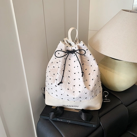 Fashion Backpack Women Drawstring Bucket Bag Large Capacity Bow Tie Print PU Leather Textured Fabric Sweet School