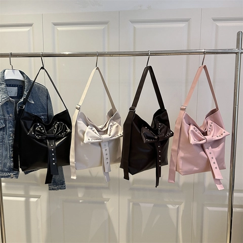 Women Large Tote Bag PU Leather Big Bow Silver Rivets High Capacity Shoulder Bag Chic Daily Commute Summer Trendy