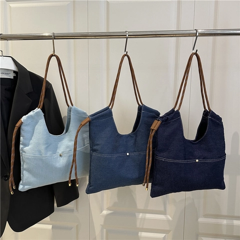 Γυναικεία Τσάντα Denim Tote Casual Retro Hobo Τσάντα Ώμου Με Πλεκτή Λαβή Σχοινιού Μεγάλη Χωρητικότητα
