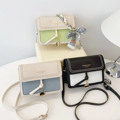 Women Color Block Crossbody Bag PU Leather Litchi Texture Flip Small Square Shoulder Bag With Satin Scarf Metal Pendant Chic