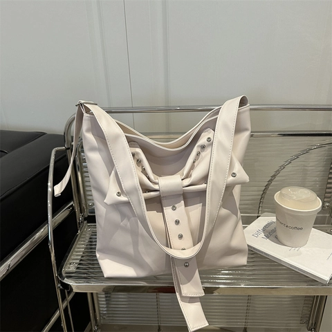 Women Large Tote Bag PU Leather Big Bow Silver Rivets High Capacity Shoulder Bag Chic Daily Commute Summer Trendy