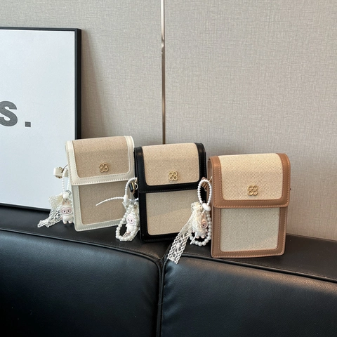 Women Crossbody Phone Bag PU Leather Canvas Patchwork Small Square Vertical Flap Gold Clover Buckle Chic Shoulder Purse