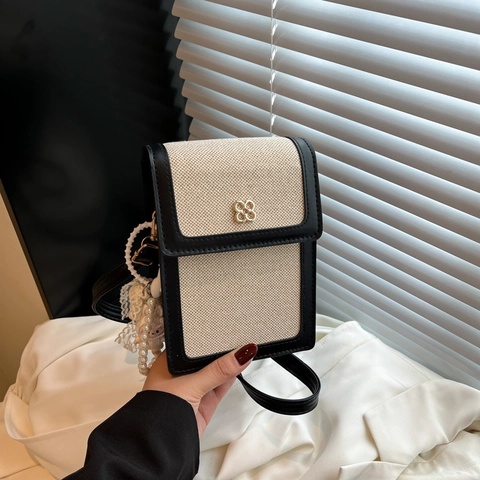 Women Crossbody Phone Bag PU Leather Canvas Patchwork Small Square Vertical Flap Gold Clover Buckle Chic Shoulder Purse
