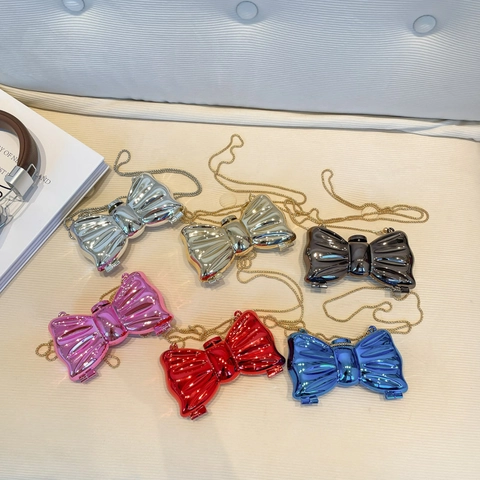 Fashion Bowknot Acrylic Shoulder Crossbody Bag Glossy Metallic Mirror Surface Evening Clutch With Chain Strap For Women