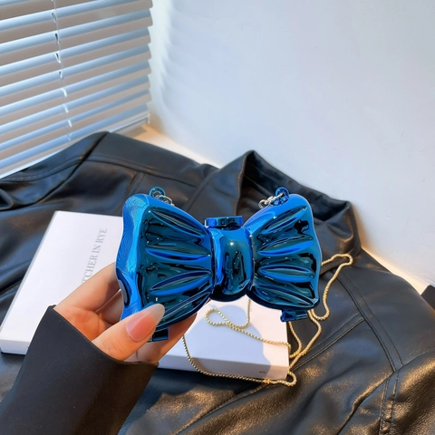 Mini Bolso De Noche Con Lazo Acrílico Superficie De Espejo Metálico Bolso De Mano Rígido Con Correa De Cadena De Metal