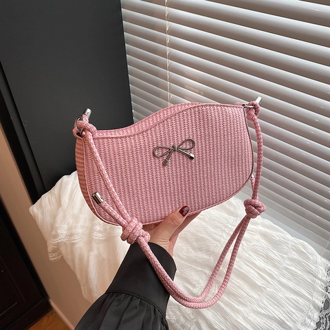 Woven Texture Underarm Shoulder Bag With Metal Bow Decor Knotted Rope Strap Crescent Fashion For Women