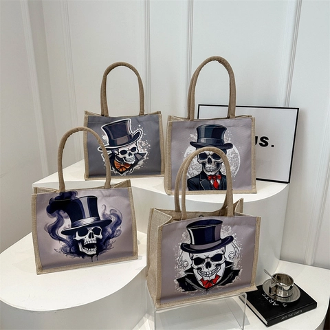 Women Tote Bag Canvas Burlap Large Capacity Shoulder Handbag Gothic Gentleman Skull Print Halloween Retro Streetwear