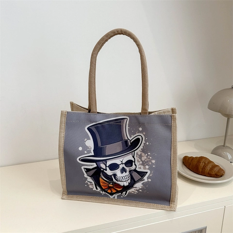 Women Tote Bag Canvas Burlap Large Capacity Shoulder Handbag Gothic Gentleman Skull Print Halloween Retro Streetwear