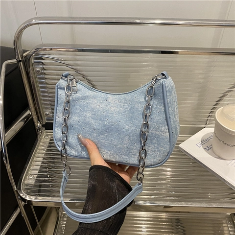 Women Denim Underarm Shoulder Bag With Rhinestone And Metal Chain Retro Y2K Fashionable Solid Color Zipper Closure