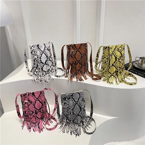 Snake Pattern PU Leather Crossbody Bag With Long Tassel Fringe Fashion Small Square Shoulder Purse For Women