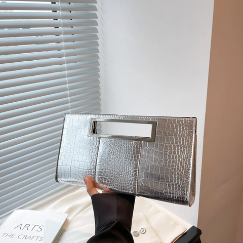 Dames Elegante Krokodillenreliëf PU Leren Clutch Tas Met Metalen Handgreep Vintage Minimalistische Avondtas Voor Feest