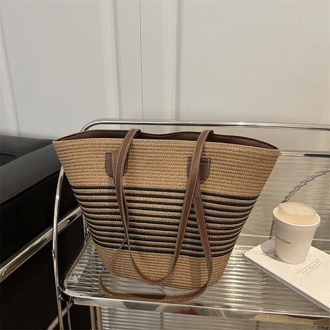 Bolso Tote Tejido de Paja para Mujer Gran Capacidad Con Correa de Cuero PU Rayado Playa Verano Vacaciones Bolso de Hombro