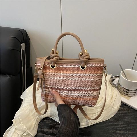 Women Summer Straw Woven Bucket Bag Striped Handbag Leather Knotted Handle Adjustable Crossbody Shoulder Bag Beach Vacation Tote