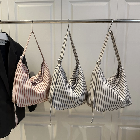 Bolso Tote de Lona a Rayas de Gran Capacidad para Mujer Bolso de Hombro de Tendencia Callejera Casual con Correa Ajustable