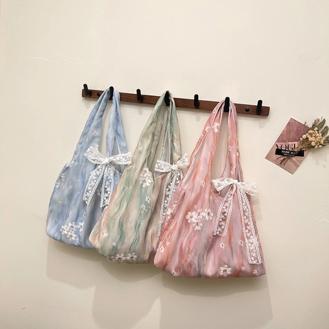 Women Floral Embroidery Tote Bag Lace Bow Shoulder Bag Large Capacity Gradient Polyester Soft Satchel Aesthetic Daily Bag