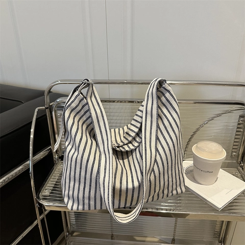 Striped Canvas Shoulder Bag Large Capacity Tote Minimalist Casual Hobo Crossbody For Daily Commute Women