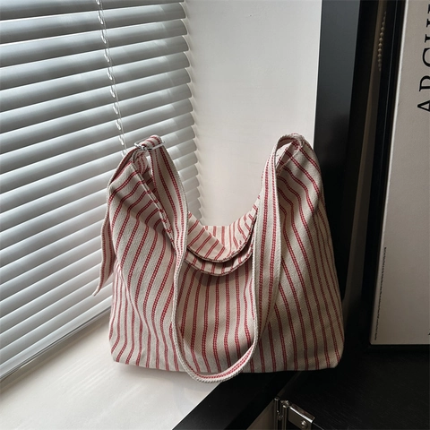 Large Capacity Striped Canvas Tote Bag For Women Casual Simple Vertical Stripe Shoulder Hobo Bag For Daily Commuting Travel