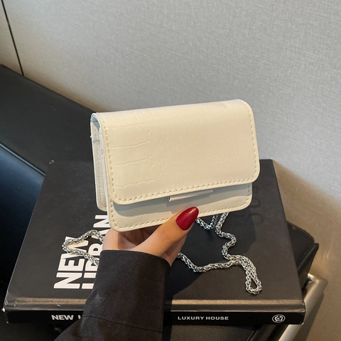 Borsa Tracolla Mini Quadrata Donna Pelle Verniciata Coccodrillo Catena Metallica Pochette Da Sera