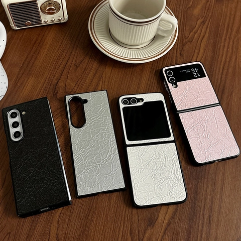 Wrinkled Leather Texture Foldable Phone Case For Samsung Z Flip Fold Slim Hard PC Protective Cover Fashionable Women