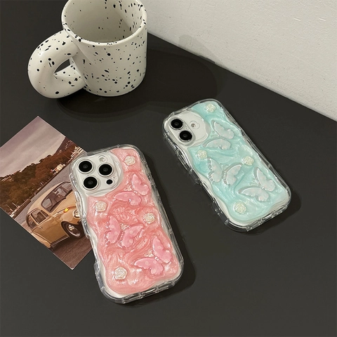 3D Butterfly Rose Flower TPU Smartphone Case Shimmering Glitter Protective Cover Sweet Ins Style For Women