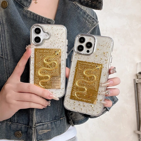 Custodia Per iPhone Lusso Con Patch Metallico Serpente 3D Foglia D'oro E Design Script Tailandese TPU Trasparente
