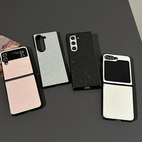 Wrinkled Leather Texture Foldable Phone Case For Samsung Z Flip Fold Slim Hard PC Protective Cover Fashionable Women