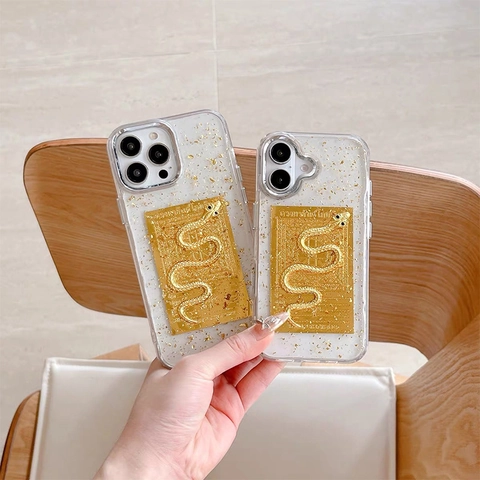 Custodia Per iPhone Lusso Con Patch Metallico Serpente 3D Foglia D'oro E Design Script Tailandese TPU Trasparente