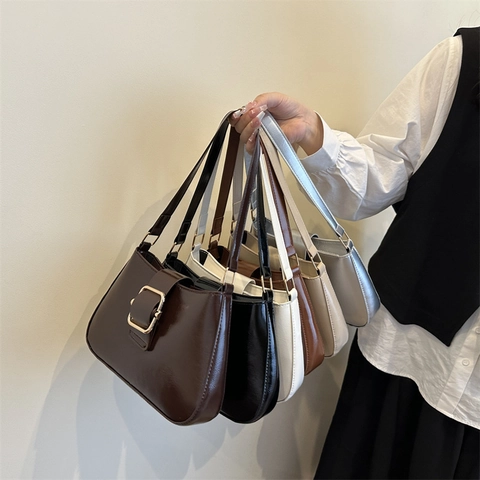 Minimalistische Damen Umhängetasche Aus PU Leder Retro Quadratische Tasche Mit Goldener Schnalle Mode Alltag Schultertasche
