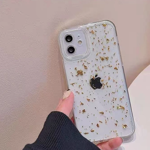 Coque De Téléphone Transparente Avec Flocons De Feuilles D'or Antichoc TPU Silicone Pour iPhone Minimaliste Pailletée Claire