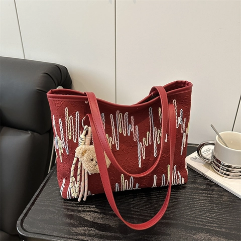 Women Tote Bag Large Capacity PU Leather 3D Relief Texture Wave Embroidery Casual Handbag With Bear Charm