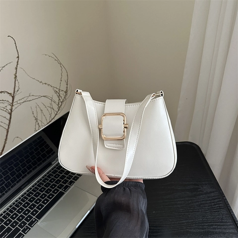 Borsa Sottobraccio Retro da Donna Semplice Borsa a Tracolla in Pelle PU Tinta Unita Fibbia Metallica Quadrata Moda Chic Trendy