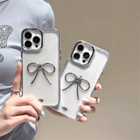 Shiny Glitter Phone Case With 3D Silver Bow-knot Luxury Electroplated Lens Protection Shockproof TPU Cover For Smartphone