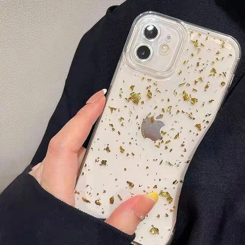 Coque De Téléphone Transparente Avec Flocons De Feuilles D'or Antichoc TPU Silicone Pour iPhone Minimaliste Pailletée Claire