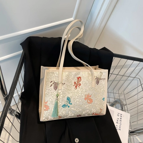 Dames Tote Tas Chinese Stijl Jacquard Borduurwerk Bloem Vis Patroon Grote Capaciteit Woon-Werkverkeer Schoudertas Met Kwast