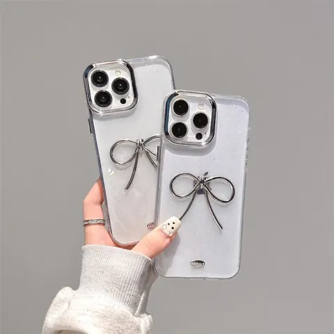 Shiny Glitter Phone Case With 3D Silver Bow-knot Luxury Electroplated Lens Protection Shockproof TPU Cover For Smartphone