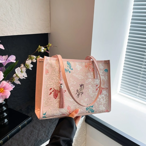 New Chinese Style Borduurwerk Tote Bag Jacquard Brokaat Bloemen Handtas Met Kwastje Vintage Schoudertas Voor Dames