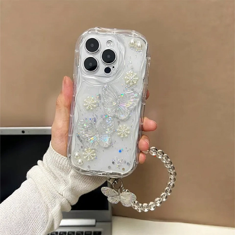 Funda Para Móvil De Mariposa Perla Artificial Flor TPU Transparente Marco Ondulado Con Cadena De Cuentas De Mariposa Antigolpes Mujer