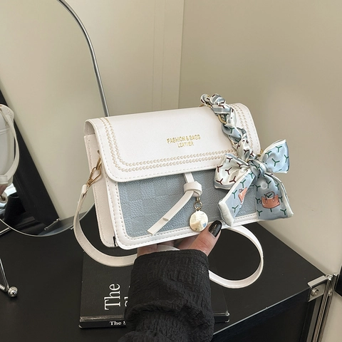 Bolso Bandolera Para Mujer Cuero PU Bloque De Color Patrón De Cuadros Decoración Pañuelo Bolso Cuadrado Con Solapa