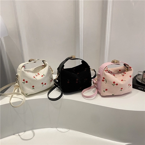 Borsa a Secchiello da Donna in Velluto a Coste con Ricamo a Ciliegia Dolce Borsa a Mano Tracolla Versatile per Donna Uso Quotidiano