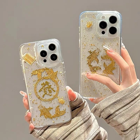 Gelukkige Koi Vis Telefoonhoesje Met Goudfolie 3D Reliëf TPU Schokbestendige Beschermhoes Luxe Accessoire In Oosterse Stijl
