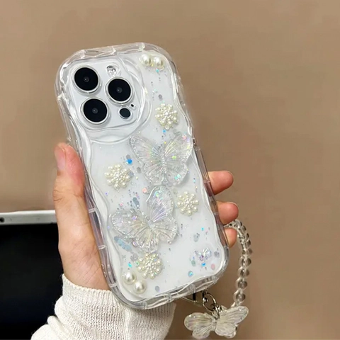 Funda Para Móvil De Mariposa Perla Artificial Flor TPU Transparente Marco Ondulado Con Cadena De Cuentas De Mariposa Antigolpes Mujer