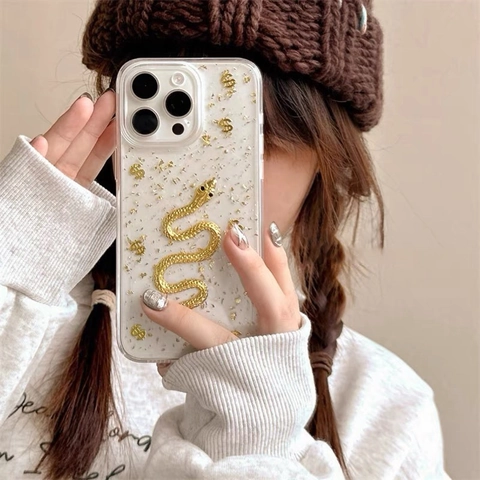 Funda Para Teléfono De Serpiente Dorada Signo De Dólar 3D Lujo Transparente TPU Con Pan De Oro Brillo Suave Antichoque