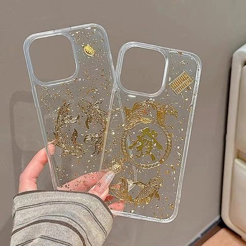 Gelukkige Koi Vis Telefoonhoesje Met Goudfolie 3D Reliëf TPU Schokbestendige Beschermhoes Luxe Accessoire In Oosterse Stijl