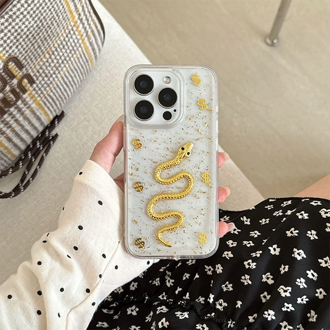 Funda Para Teléfono De Serpiente Dorada Signo De Dólar 3D Lujo Transparente TPU Con Pan De Oro Brillo Suave Antichoque